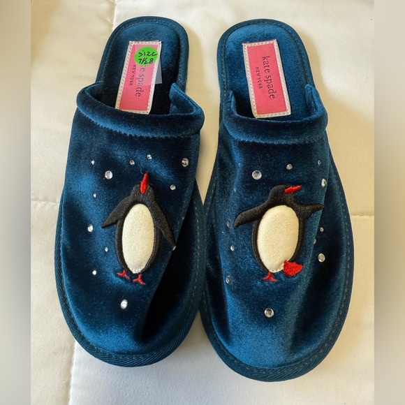 kate spade Shoes - WOT- Kate Spade Blue velvet,Jolie Penguin Embroidered Slippers. 8.5
